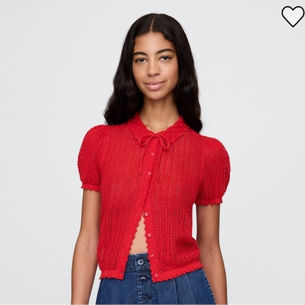 Red Short-Sleeve Knit Cardigan with Tie Neck